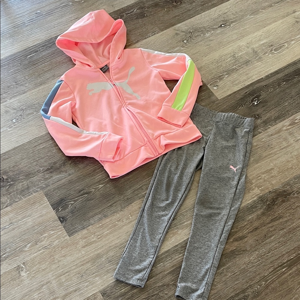 Puma Pink Zip Hoodie with Gray Leggings Set Girls 6x